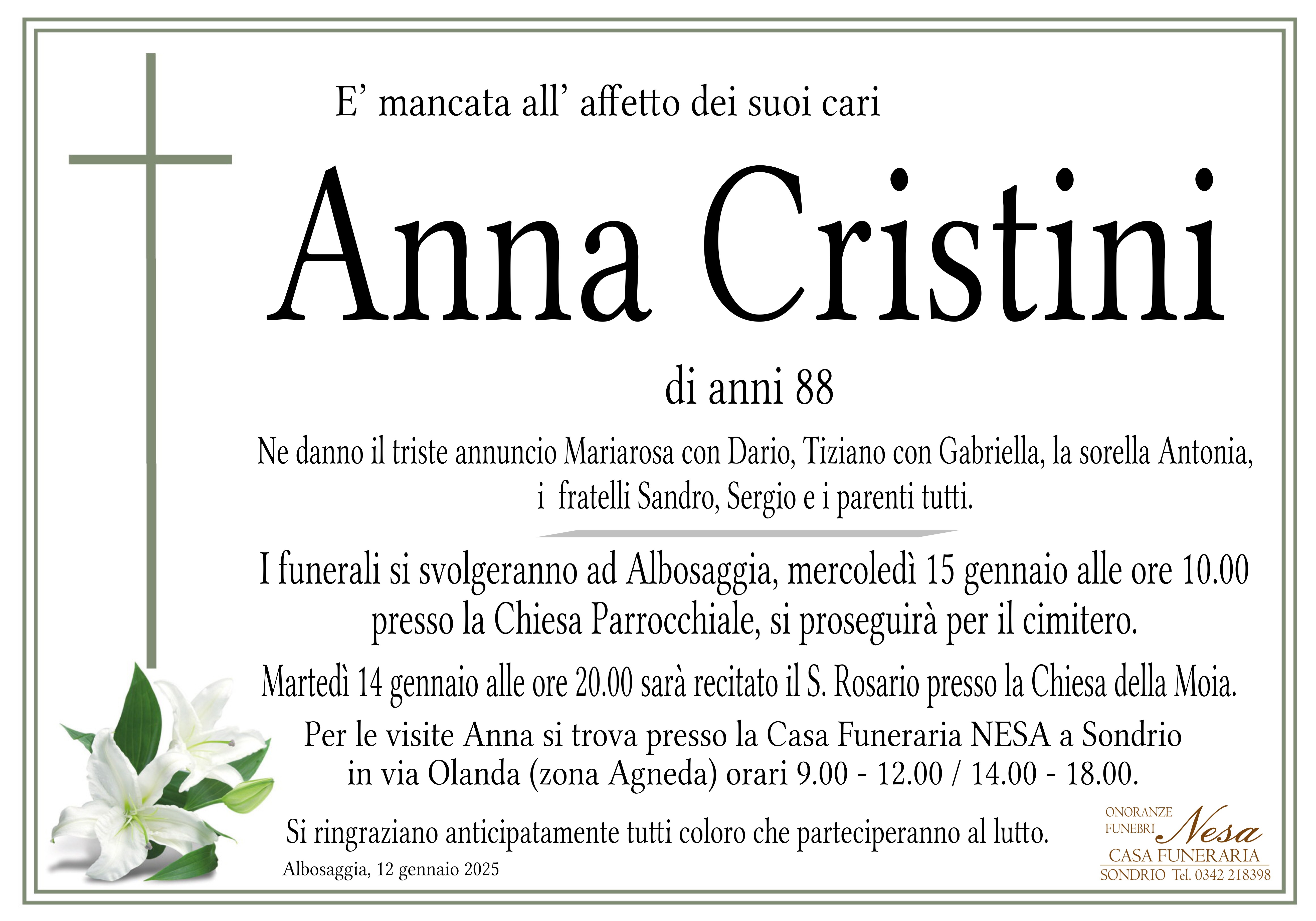 Necrologio ANNA CRISTINI